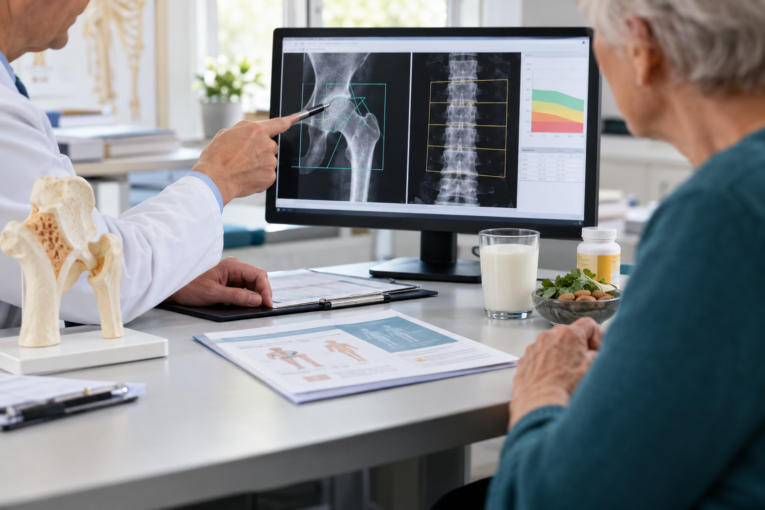 Doctor discussing hip and spine bone density imaging with an older woman